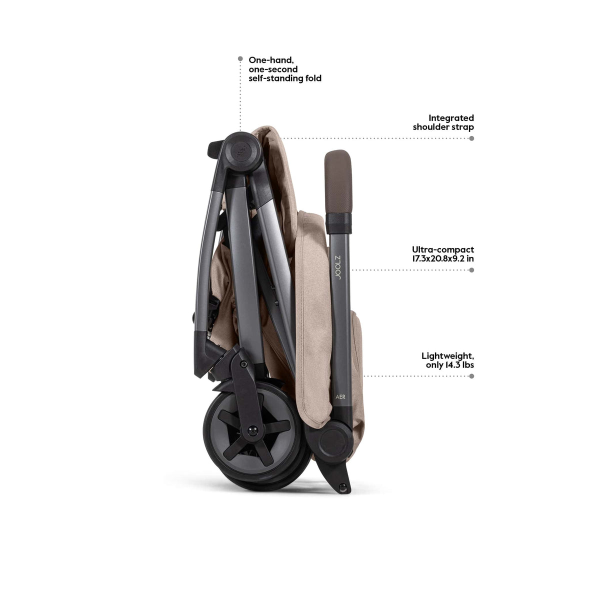 Joolz Aer folded stroller showing compact size and features