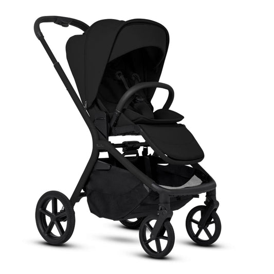 Onyx modular stroller by Silver Cross, sleek black frame with canopy, five-spoke wheels, side view, textured fabric seat and storage basket