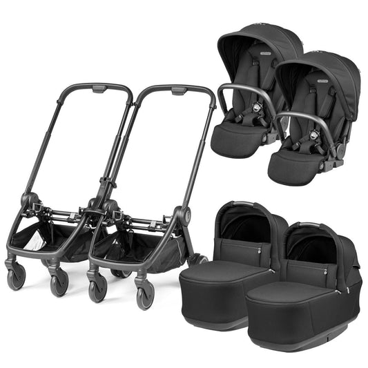 PEG City Loop Twin Stroller + Pop Up Bassinet With Stand Bundle - Black / True Black / True Black - CLP-TWIN-BAS-TRBLK