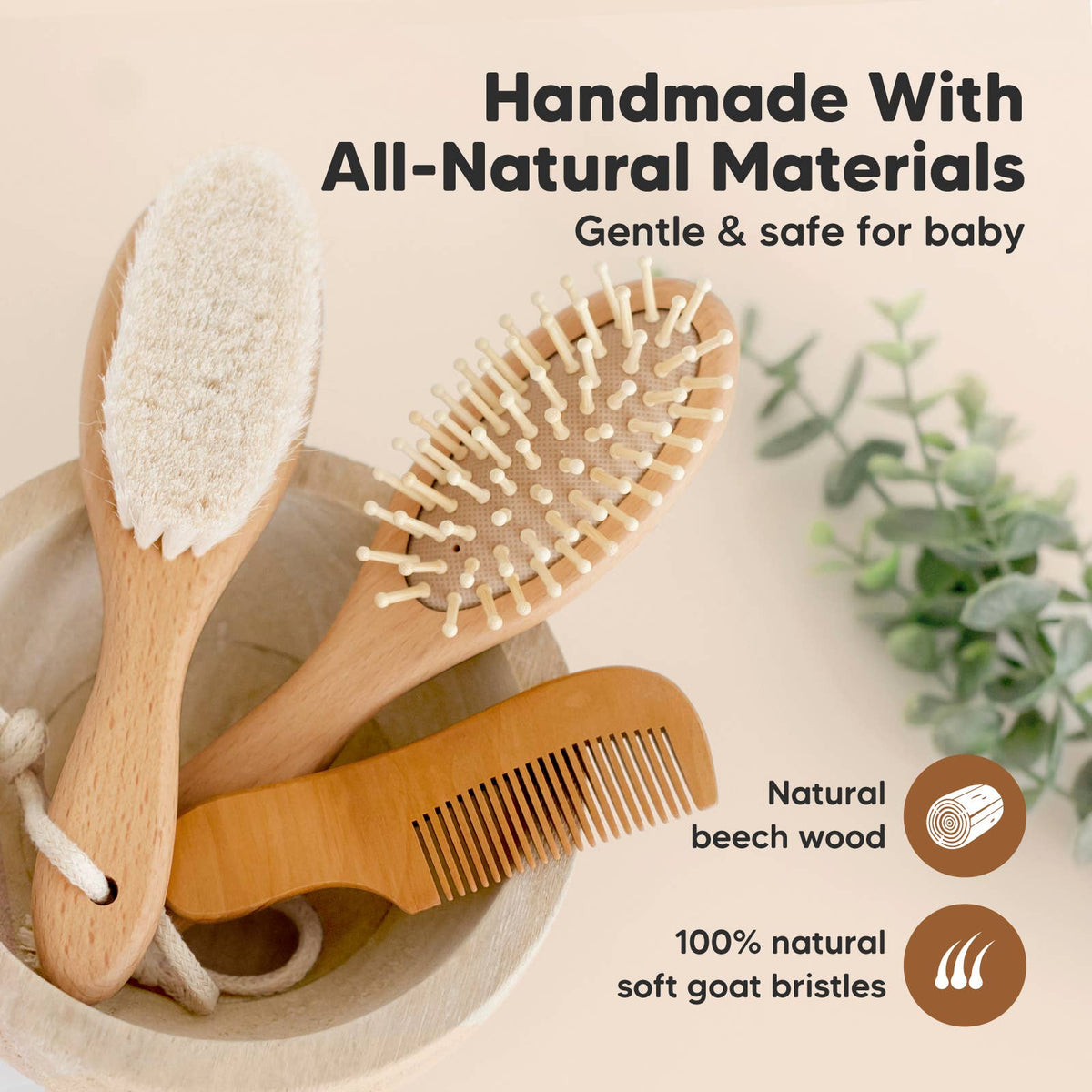 KeaBabies Baby Hair Brush and Comb Set - Walnut
