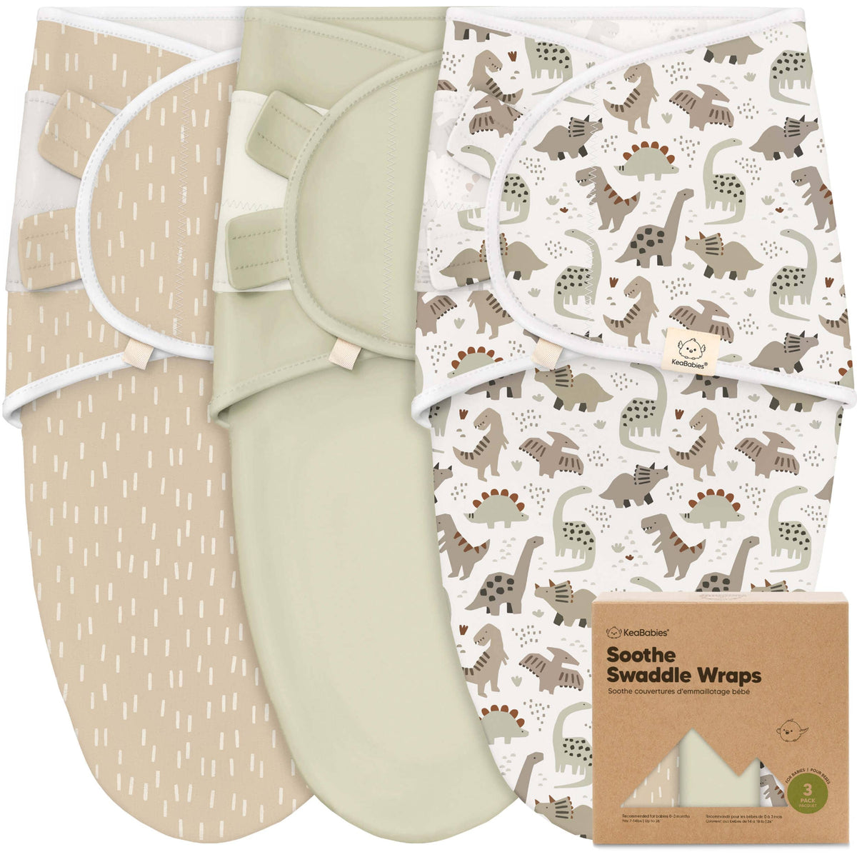 KeaBabies Soothe Baby Swaddles 3 Pack - Dino Ridge