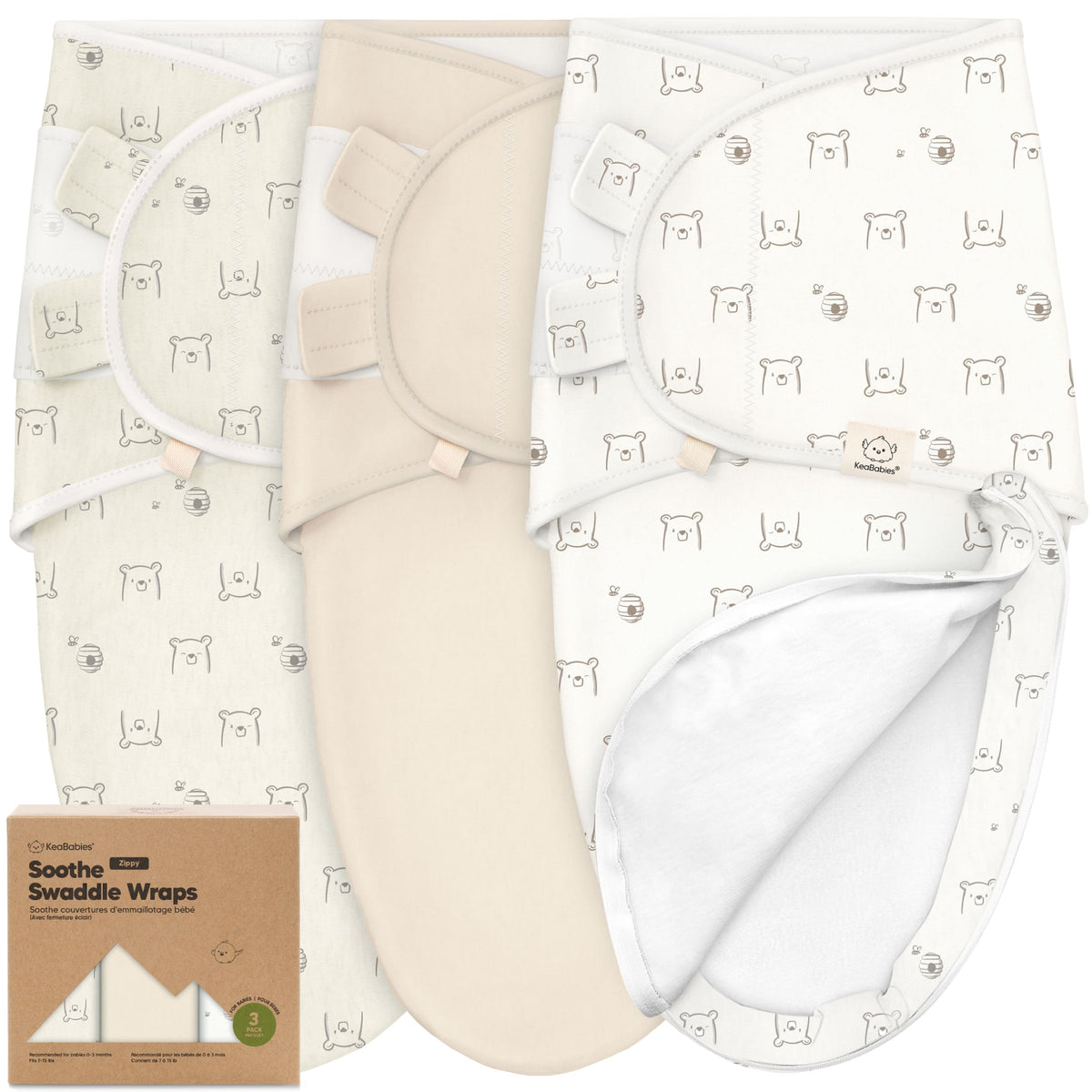 KeaBabies Soothe Zippy Baby Swaddles 3 Pack - Bumble Bear