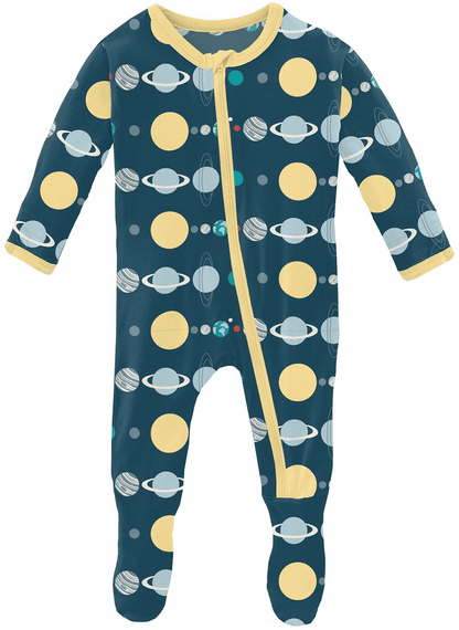 KicKee Pants Footie with Zipper - Peacock Planets, 9-12 Months - ZF14-9-LI-S23D1-PCPL-912