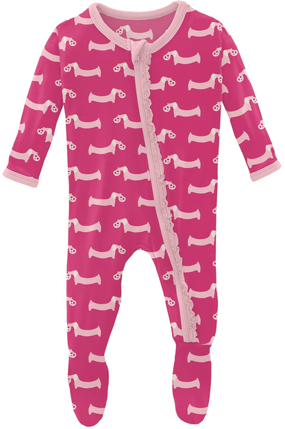 KicKee Pants Muffin Ruffle Footie with Zipper - Calypso Pretzel Pup, 3-6 Months - ZMRF0-3-LI-S23D1-COPP-36
