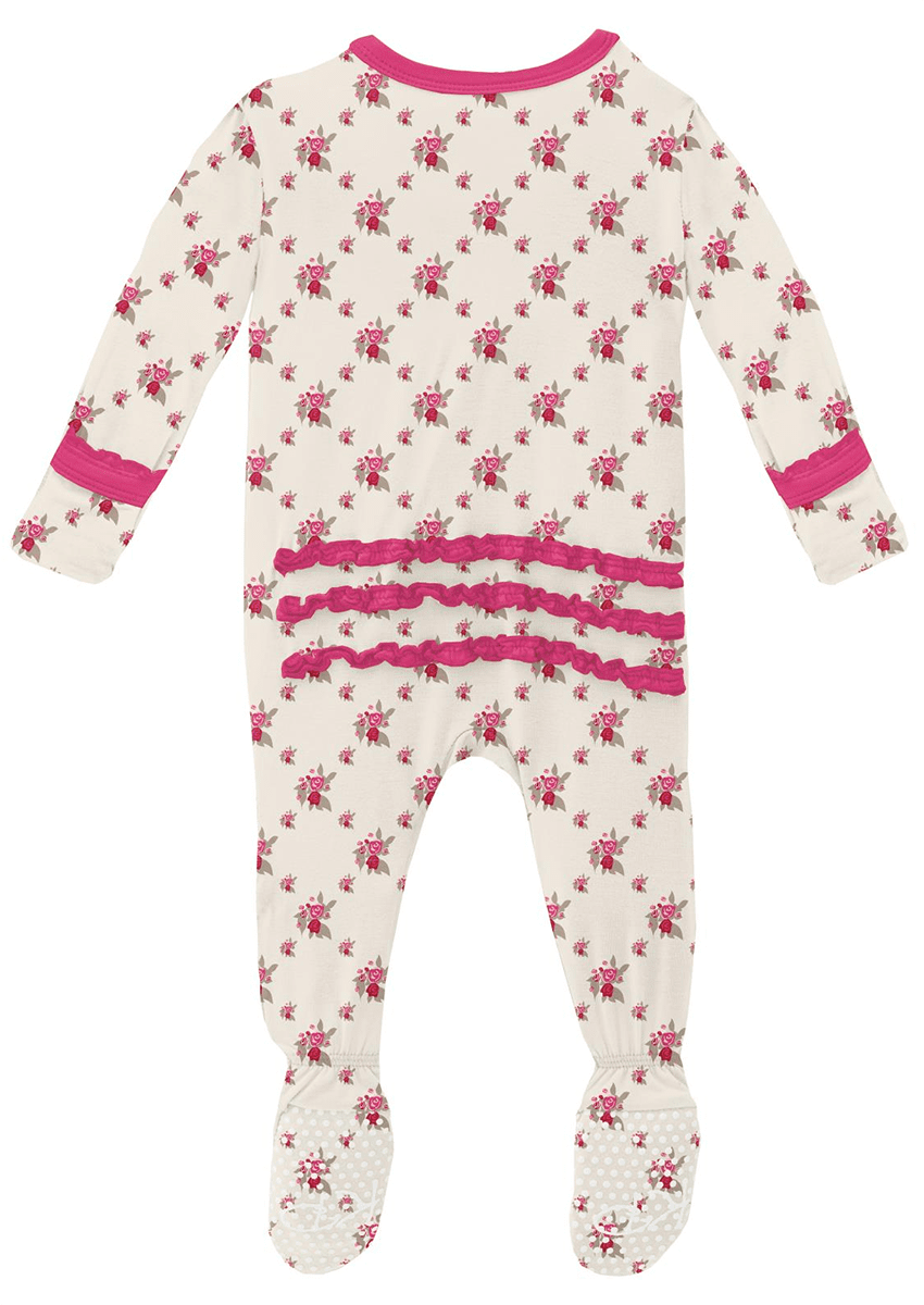 KicKee Pants Muffin Ruffle Footie with Zipper - Natural Rose Trellis, 3-6 Months - ZMRF0-3-LI-S23D1-NART-36