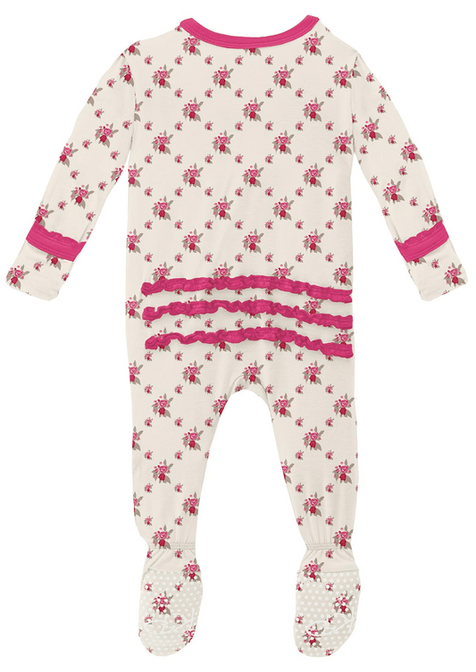 KicKee Pants Muffin Ruffle Footie with Zipper - Natural Rose Trellis, 6-9 Months - ZMRF0-3-LI-S23D1-NART-69