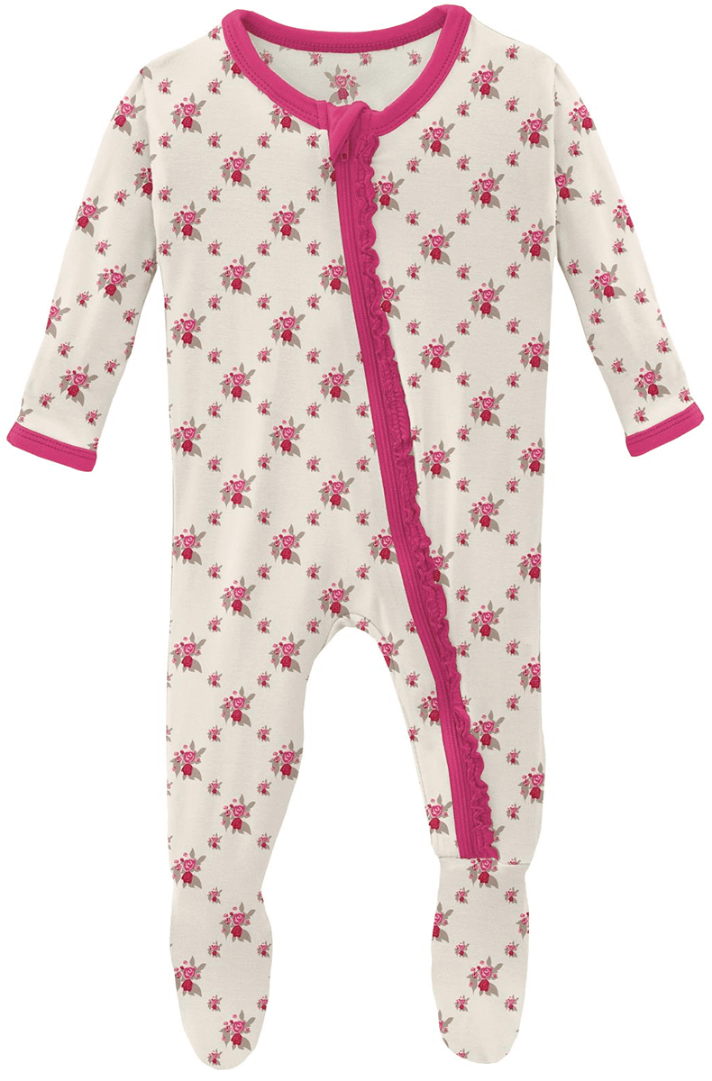 KicKee Pants Muffin Ruffle Footie with Zipper - Natural Rose Trellis, 6-9 Months - ZMRF0-3-LI-S23D1-NART-69