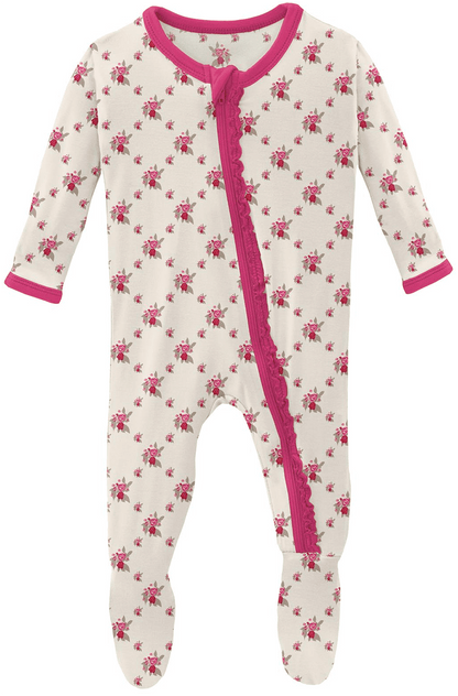 KicKee Pants Muffin Ruffle Footie with Zipper - Natural Rose Trellis, 6-9 Months - ZMRF0-3-LI-S23D1-NART-69