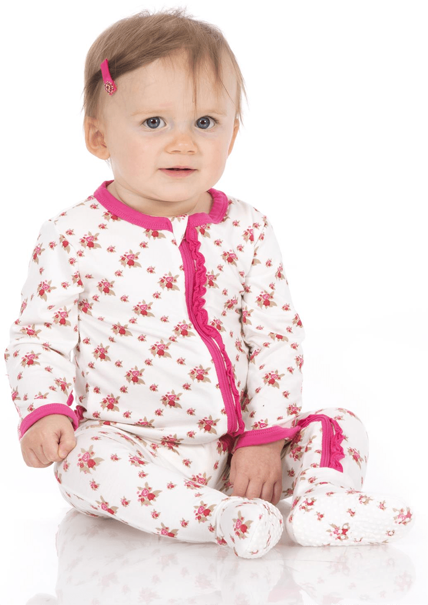 KicKee Pants Muffin Ruffle Footie with Zipper - Natural Rose Trellis, 9-12 Months - ZMRF0-3-LI-S23D1-NART-912