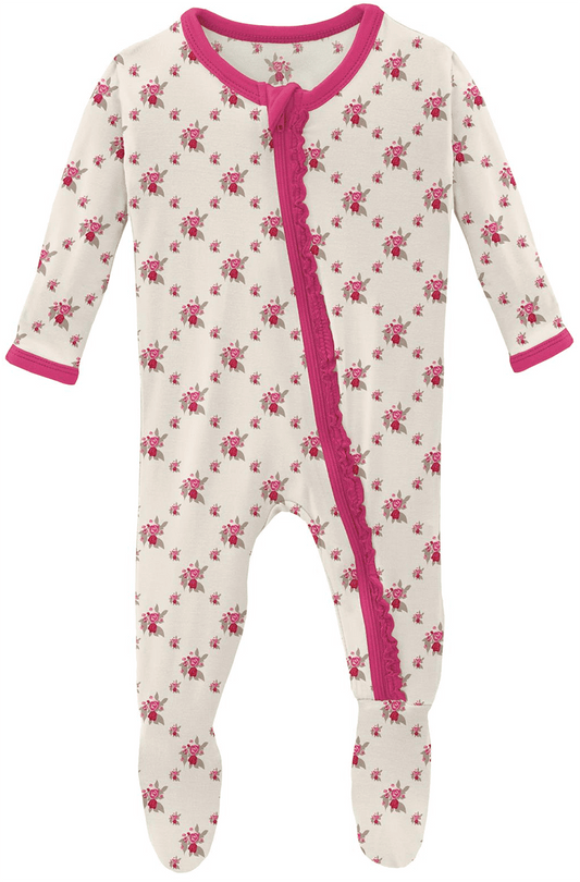 KicKee Pants Muffin Ruffle Footie with Zipper - Natural Rose Trellis, 9-12 Months - ZMRF0-3-LI-S23D1-NART-912