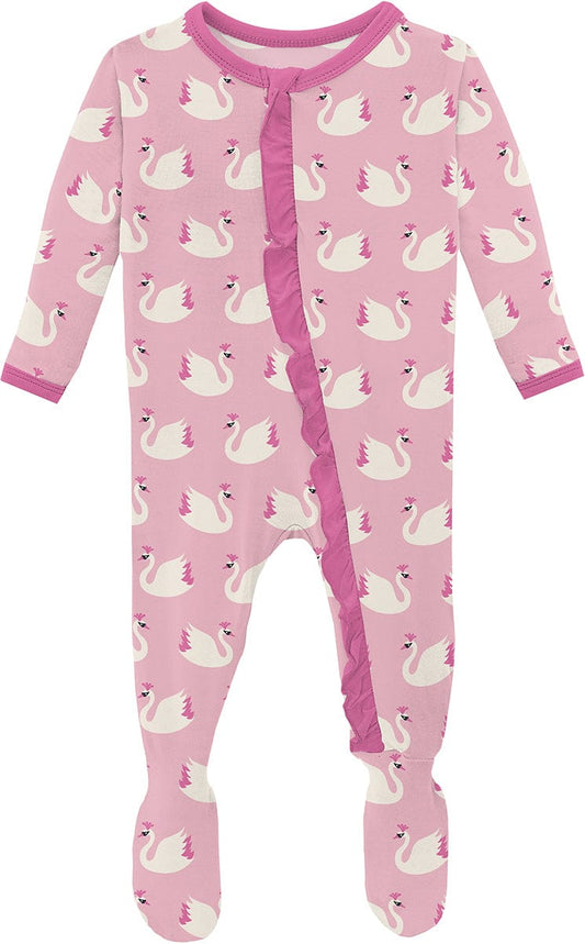 KicKee Pants Print Classic Ruffle Footie with 2 Way Zipper - Cake Pop Swan Princess, 0-3 Months - RCZ112-5-LI-S24D1A-CKSP-0