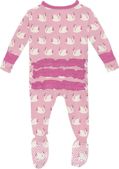 KicKee Pants Print Classic Ruffle Footie with 2 Way Zipper - Cake Pop Swan Princess, 3-6 Months - RCZ112-5-LI-S24D1A-CKSP-36