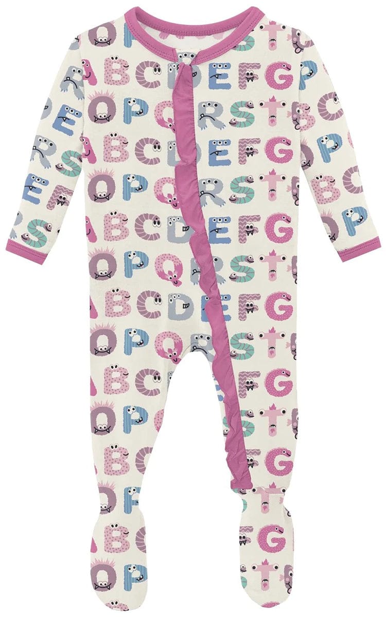 KicKee Pants Print Classic Ruffle Footie with 2 Way Zipper - Natural ABC Monsters, 0-3 Months - RCZ112-5-LI-S24D3A-NABC-0