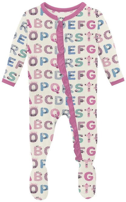 KicKee Pants Print Classic Ruffle Footie with 2 Way Zipper - Natural ABC Monsters, Newborn - RCZ112-5-LI-S24D3A-NABC-N