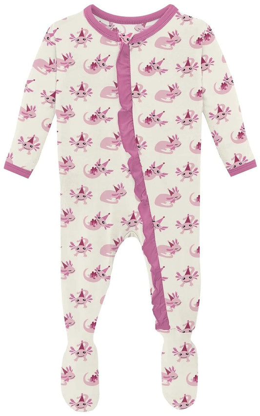 KicKee Pants Print Classic Ruffle Footie with 2 Way Zipper - Natural Axolotl Party, 3-6 Months