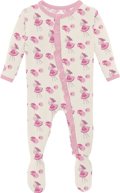 KicKee Pants Print Classic Ruffle Footie with 2 Way Zipper - Natural Little Bo Peep, 3-6 Months - RCZ112-5-LI-S24D1A-NLBP-36