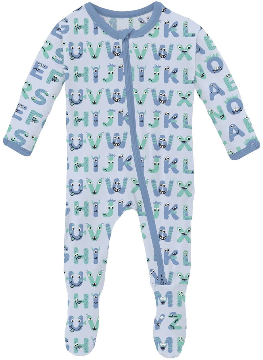 KicKee Pants Print Footie with 2 Way Zipper - Dew ABC Monsters, 0-3 Months - FZ112-1-LI-S24D3A-DABC-0