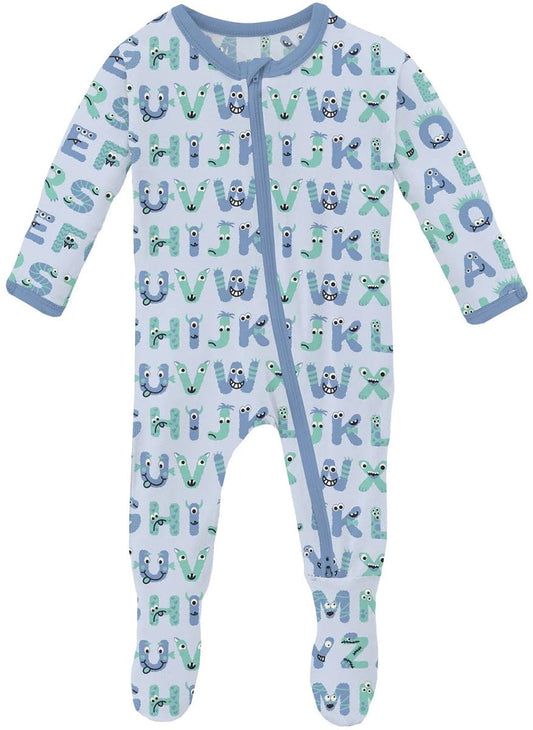 KicKee Pants Print Footie with 2 Way Zipper - Dew ABC Monsters, 0-3 Months - FZ112-1-LI-S24D3A-DABC-0