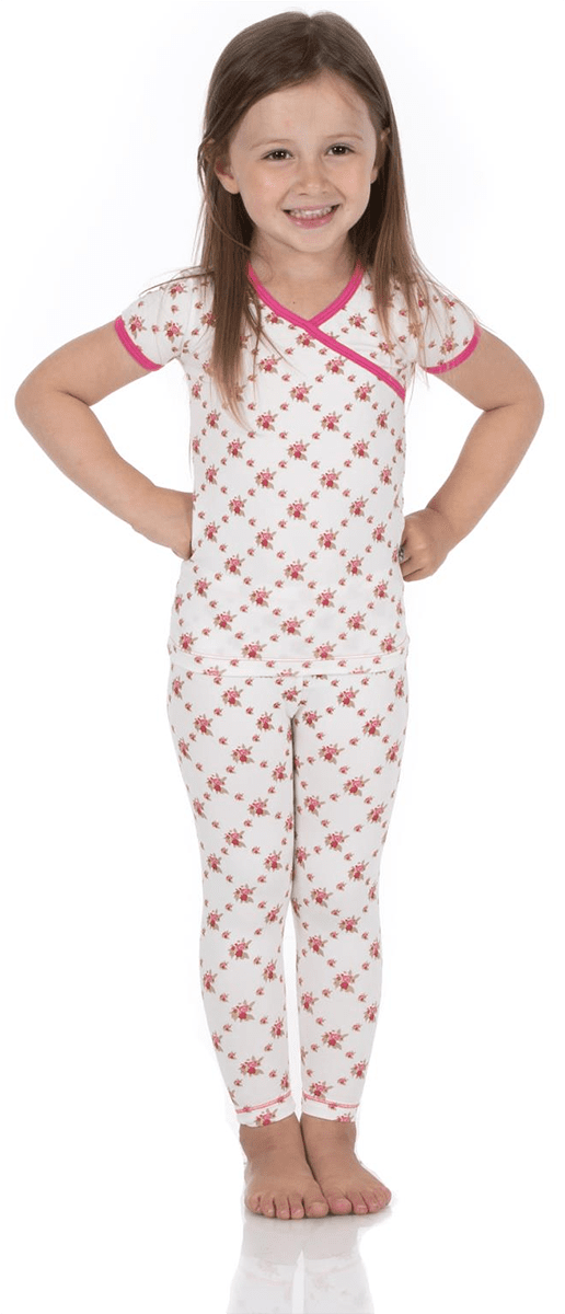 KicKee Pants Short Sleeve Kimono Pajama Set - Natural Rose Trellis, 4T - SKPJ122-7-K-S23D1-NART-4