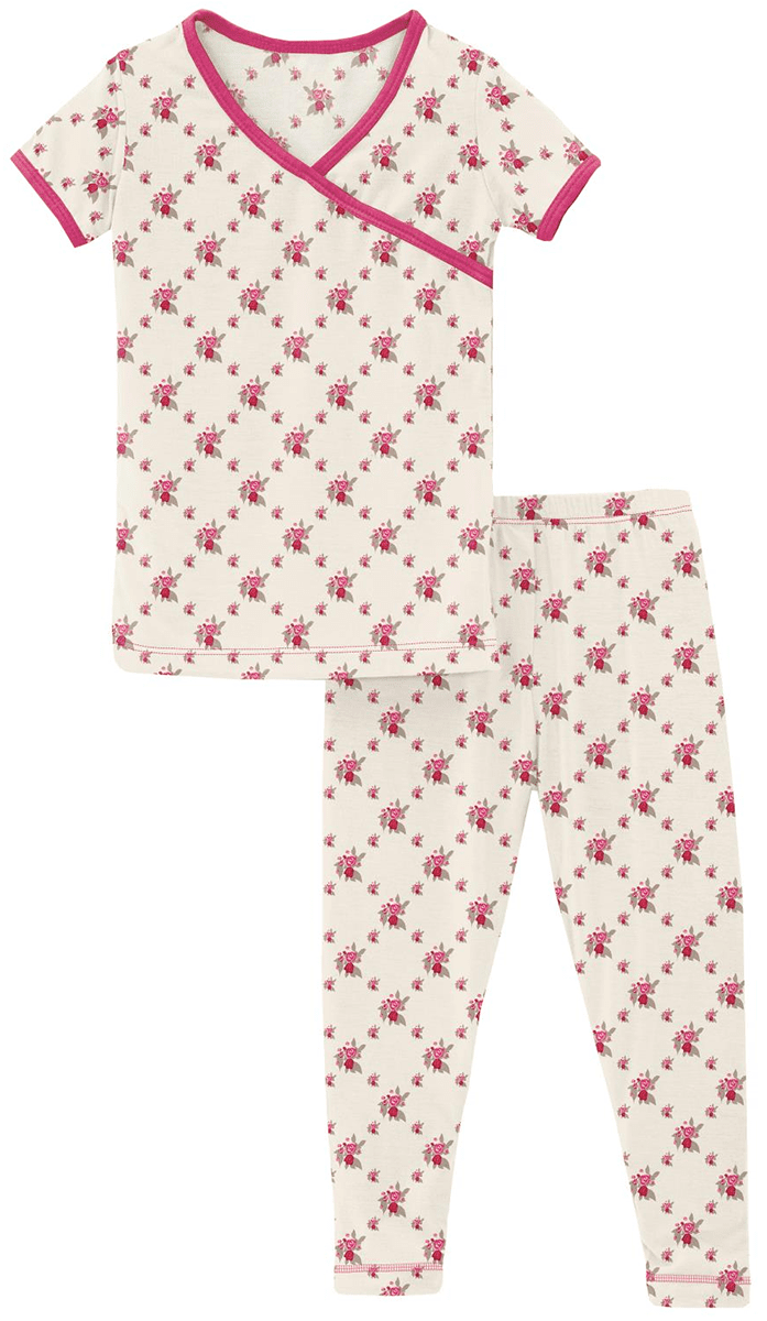 KicKee Pants Short Sleeve Kimono Pajama Set - Natural Rose Trellis, 4T - SKPJ122-7-K-S23D1-NART-4