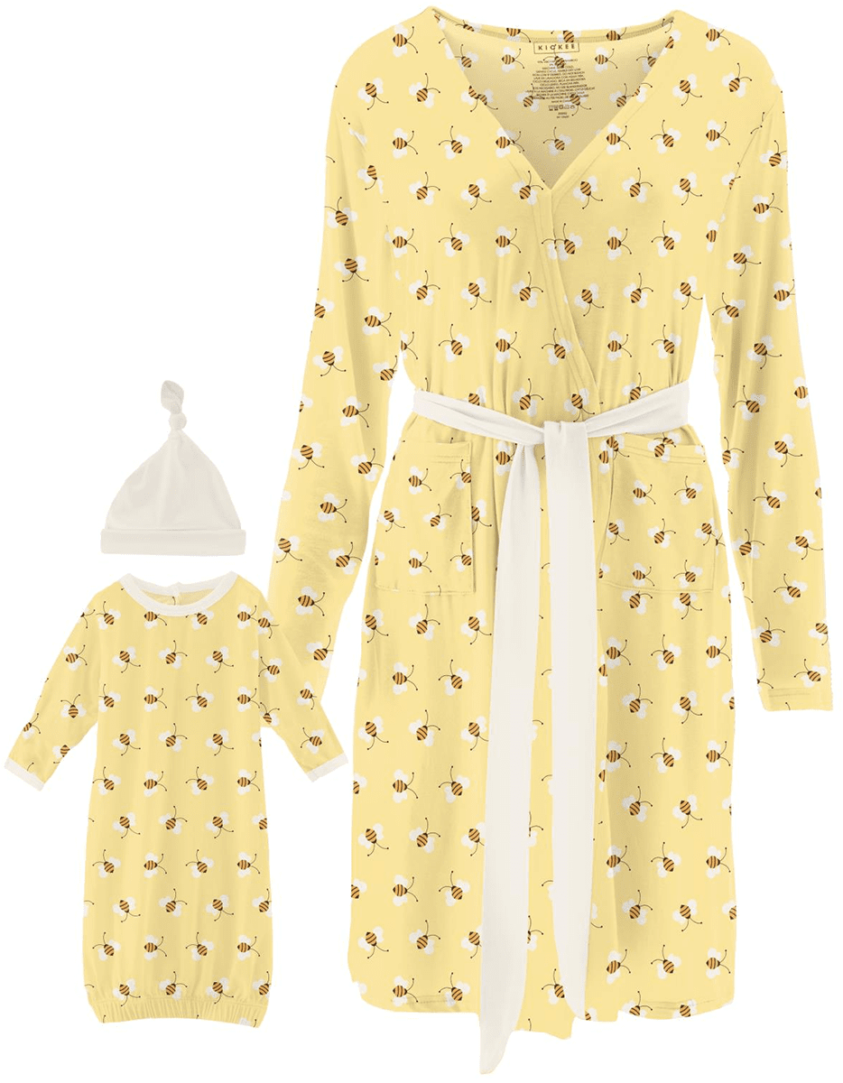 KicKee Pants Women's Mid Length Lounge Robe & Layette Gown Set - Wallaby Bees, L - WMLG70-7-W-S23D1-WBYB-L