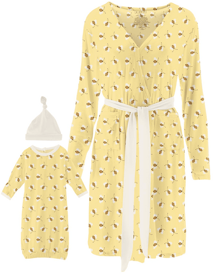 KicKee Pants Women's Mid Length Lounge Robe & Layette Gown Set - Wallaby Bees, L - WMLG70-7-W-S23D1-WBYB-L