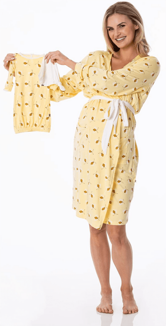 KicKee Pants Women's Mid Length Lounge Robe & Layette Gown Set - Wallaby Bees, S - WMLG70-7-W-S23D1-WBYB-S