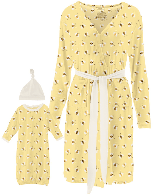 KicKee Pants Women's Mid Length Lounge Robe & Layette Gown Set - Wallaby Bees, S - WMLG70-7-W-S23D1-WBYB-S