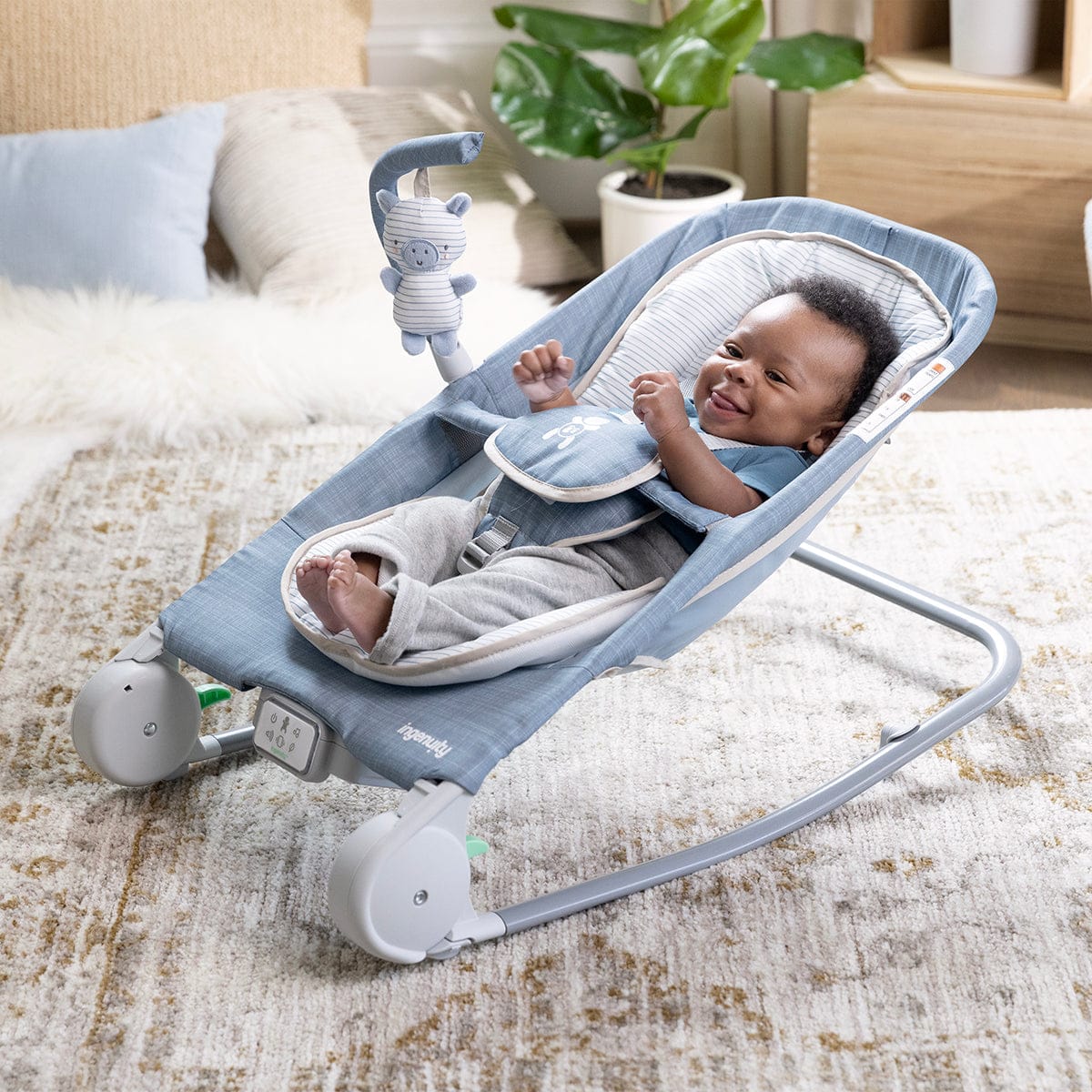 Kids2 Ingenuity Happy Belly Rock-to-Bounce Massage Seat - Chambray - 16854-000-000-02
