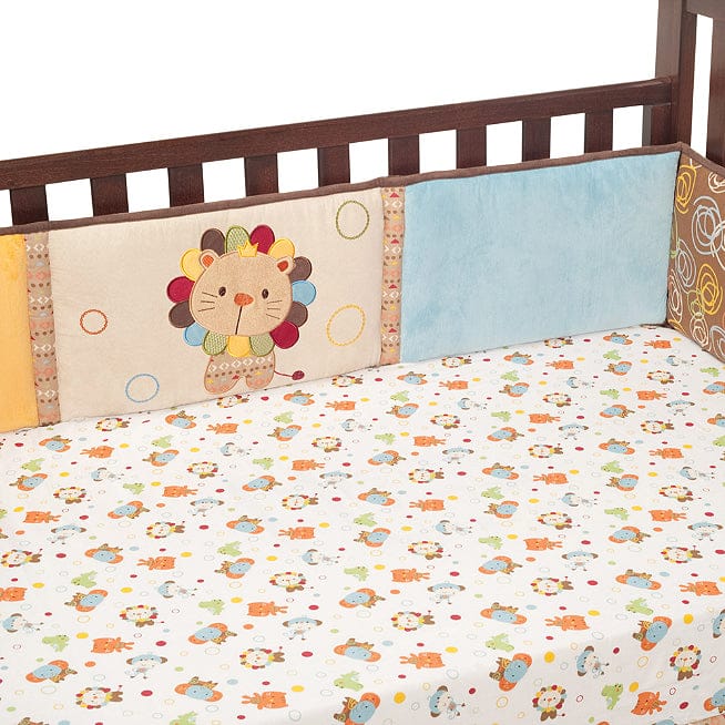 Crib bedding set with colorful lion design and various patterns