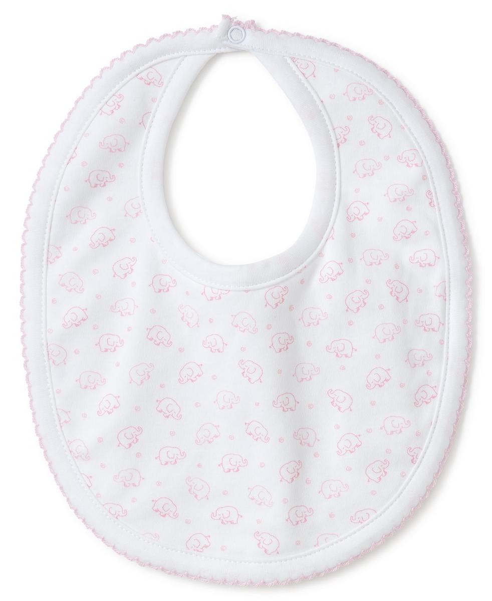 Kissy Kissy white baby bib with pink elephant print and scalloped trim
