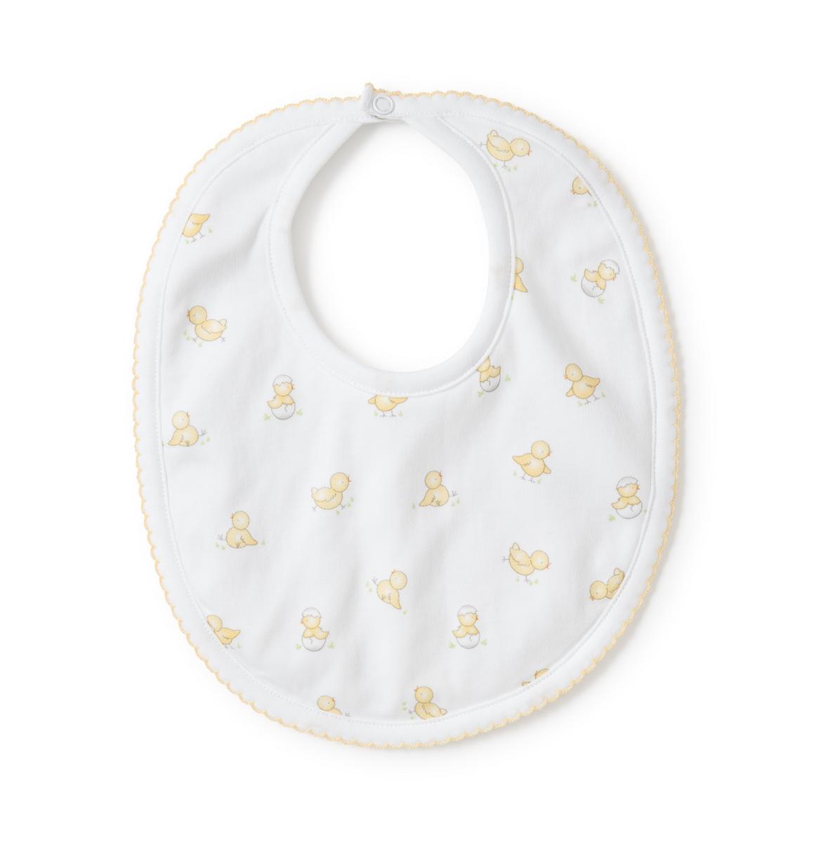 Kissy Kissy white baby bib with yellow chick print and scalloped trim