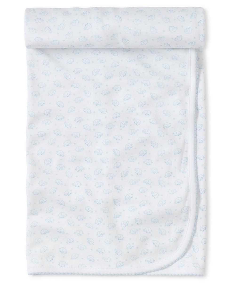 Kissy Kissy white baby blanket with blue elephant print