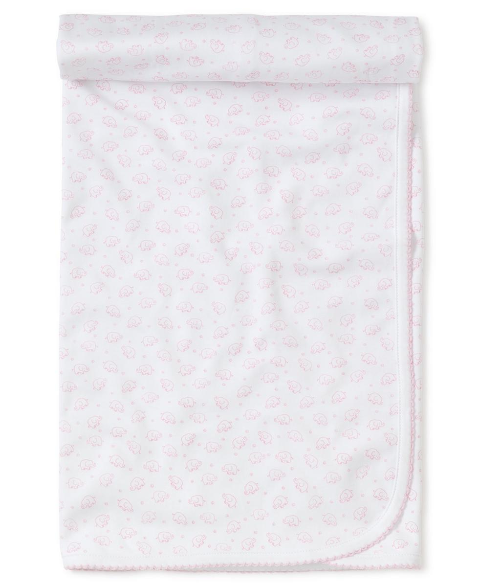 Kissy Kissy white baby blanket with pink elephant print and scalloped trim