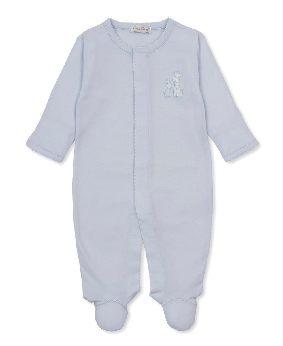 Light blue Kissy Kissy footed baby sleeper with giraffe embroidery
