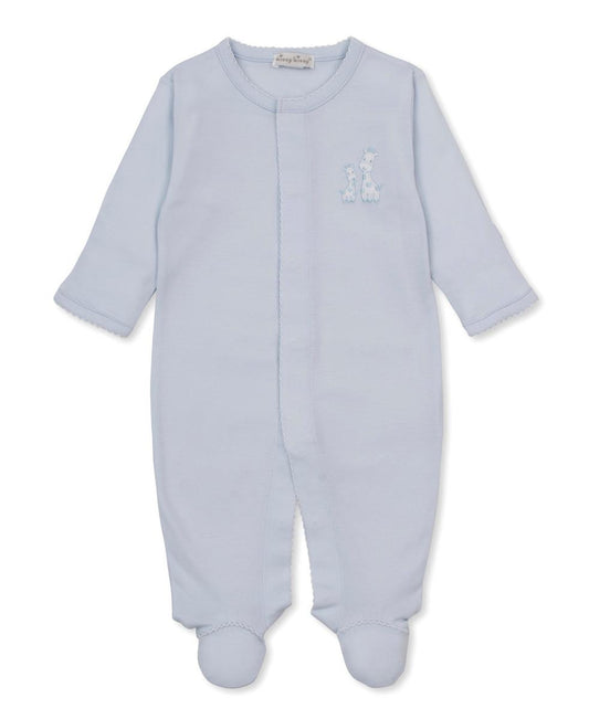 Light blue Kissy Kissy footed baby sleeper with giraffe embroidery
