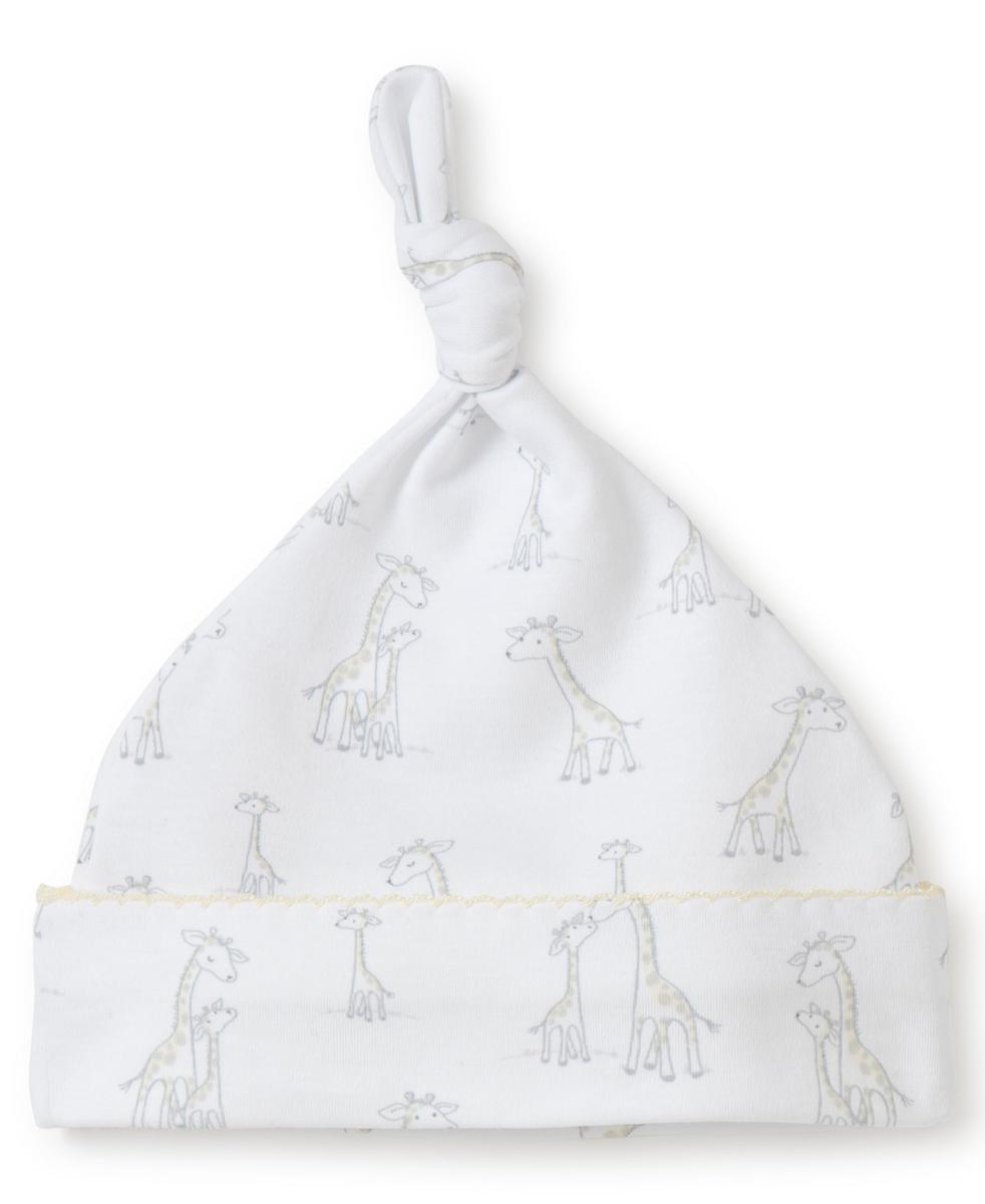 Kissy Kissy white baby hat with grey giraffe print and knotted top