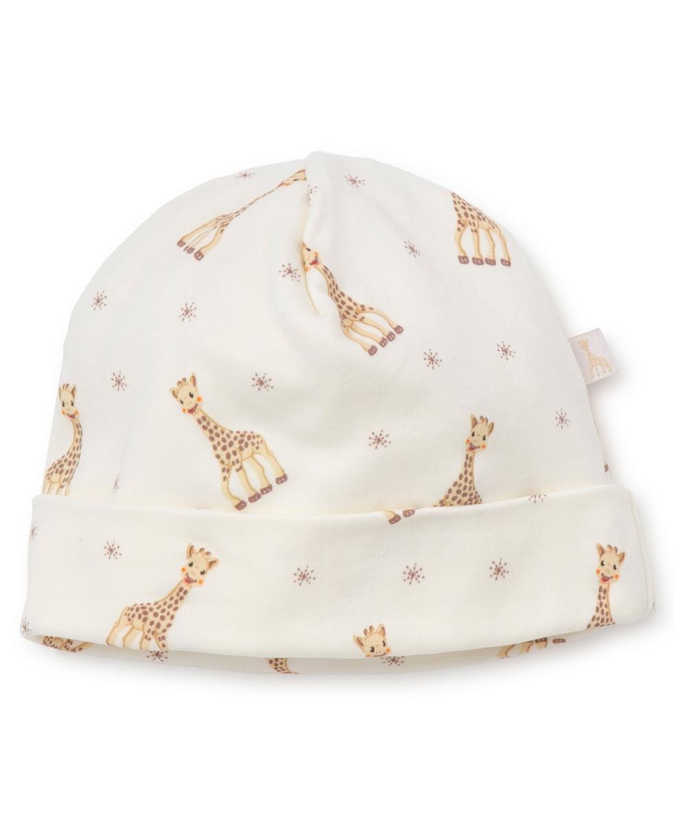 Kissy Kissy baby beanie in white with a giraffe and star print