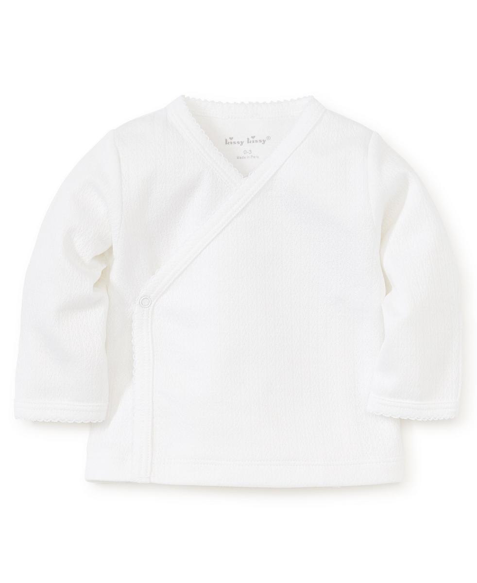 White Kissy Kissy long sleeve wrap shirt for infants