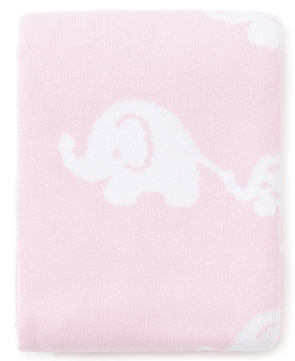 Kissy Kissy pink knit baby blanket with white elephant pattern