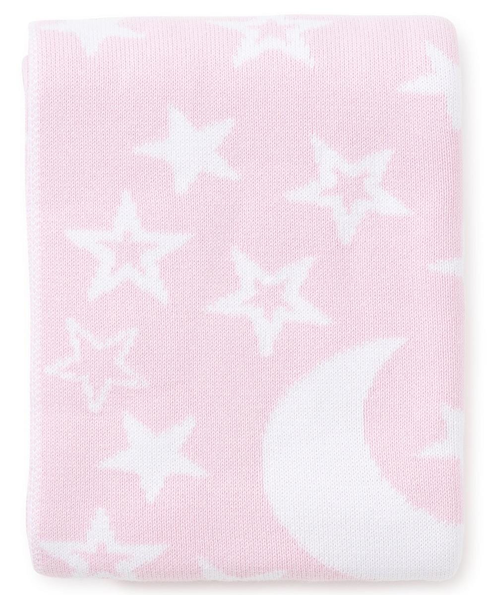 Kissy Kissy pink knitted baby blanket with white moon and star pattern