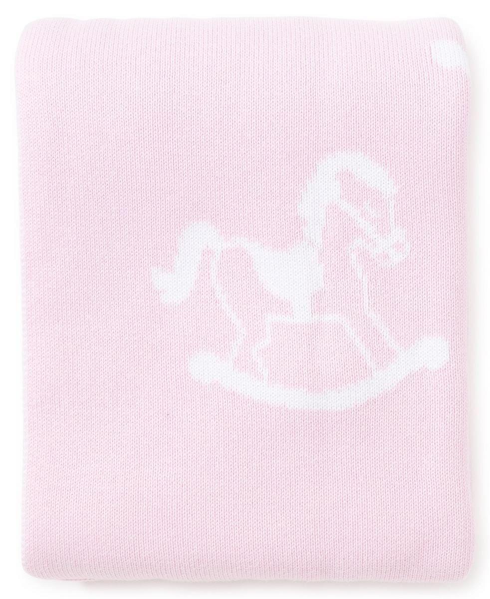 Kissy Kissy pink knitted baby blanket with white rocking horse pattern