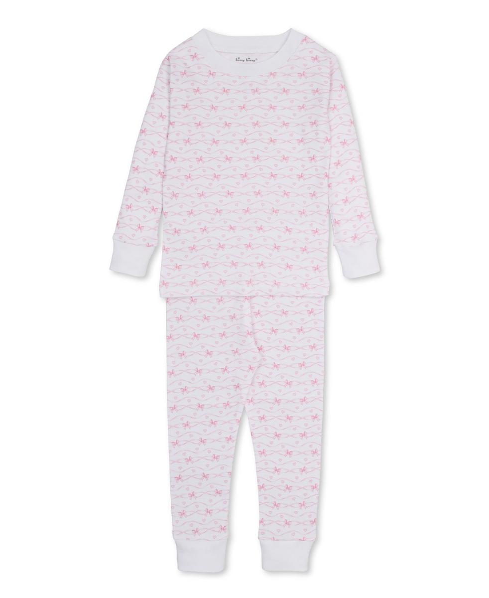 Kissy Kissy white long sleeve pajama set with pink wavy lines and bow print