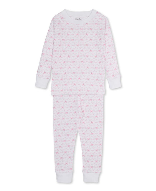 Kissy Kissy white long sleeve pajama set with pink wavy lines and bow print