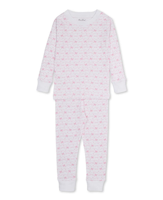 Kissy Kissy white long sleeve pajama set with pink wavy lines and bow print