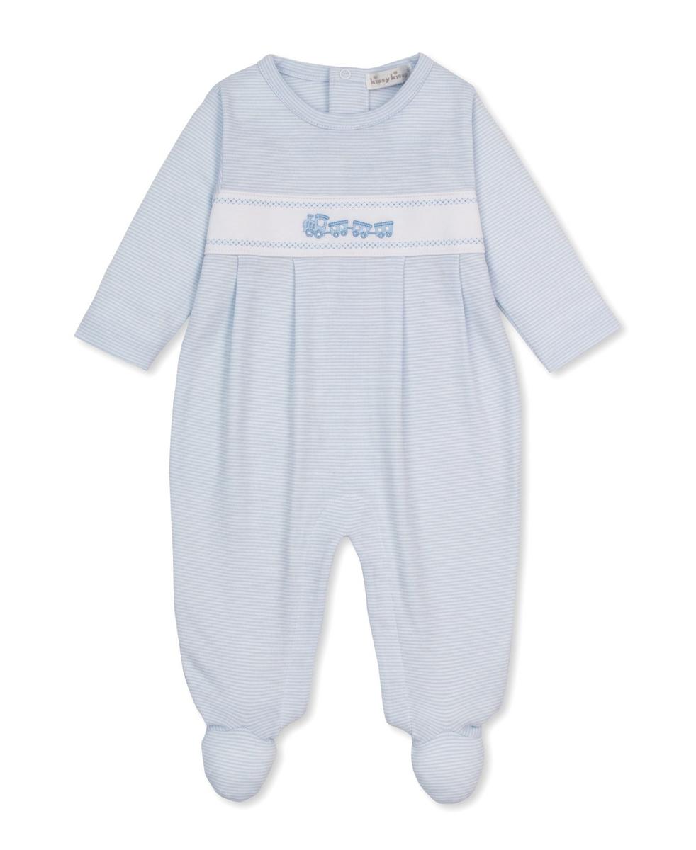 Kissy Kissy light blue striped footie with train embroidery