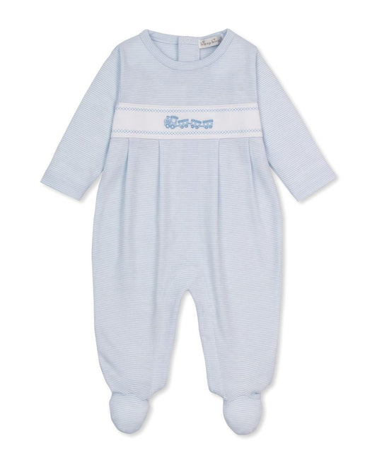 Kissy Kissy light blue striped footie with train embroidery