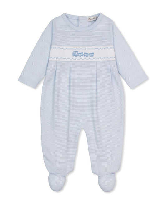 Kissy Kissy light blue striped footie with train embroidery on chest