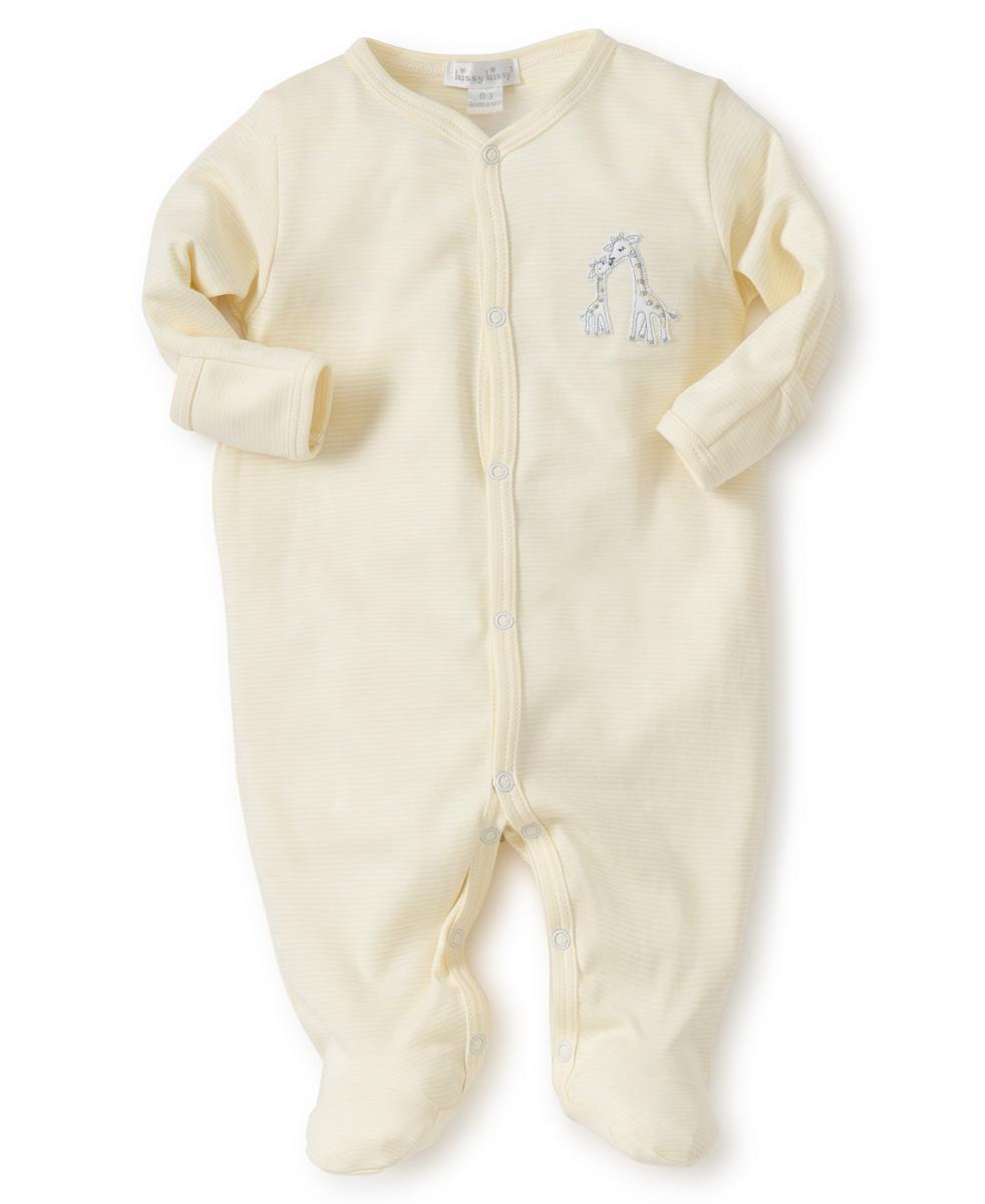Kissy Kissy pale yellow footed sleeper with giraffe embroidery