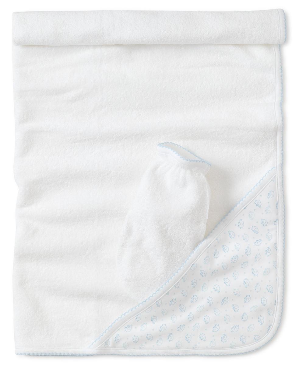 Kissy Kissy white hooded baby towel and matching wash mitt with blue elephant print trim